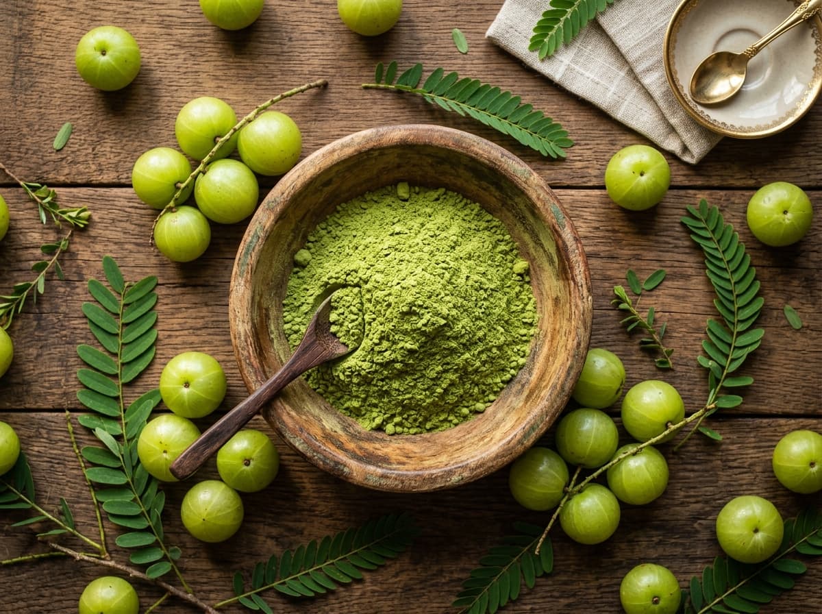 Organic Amla Powder in traditional wooden bowl with fresh Indian gooseberries