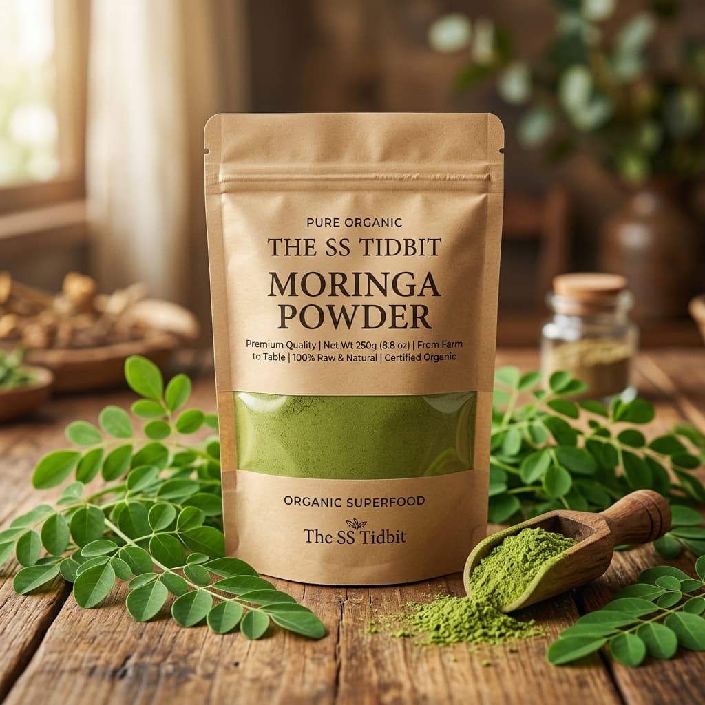 The SS Tidbit Pure Organic Moringa Powder authentic kraft pouch packaging